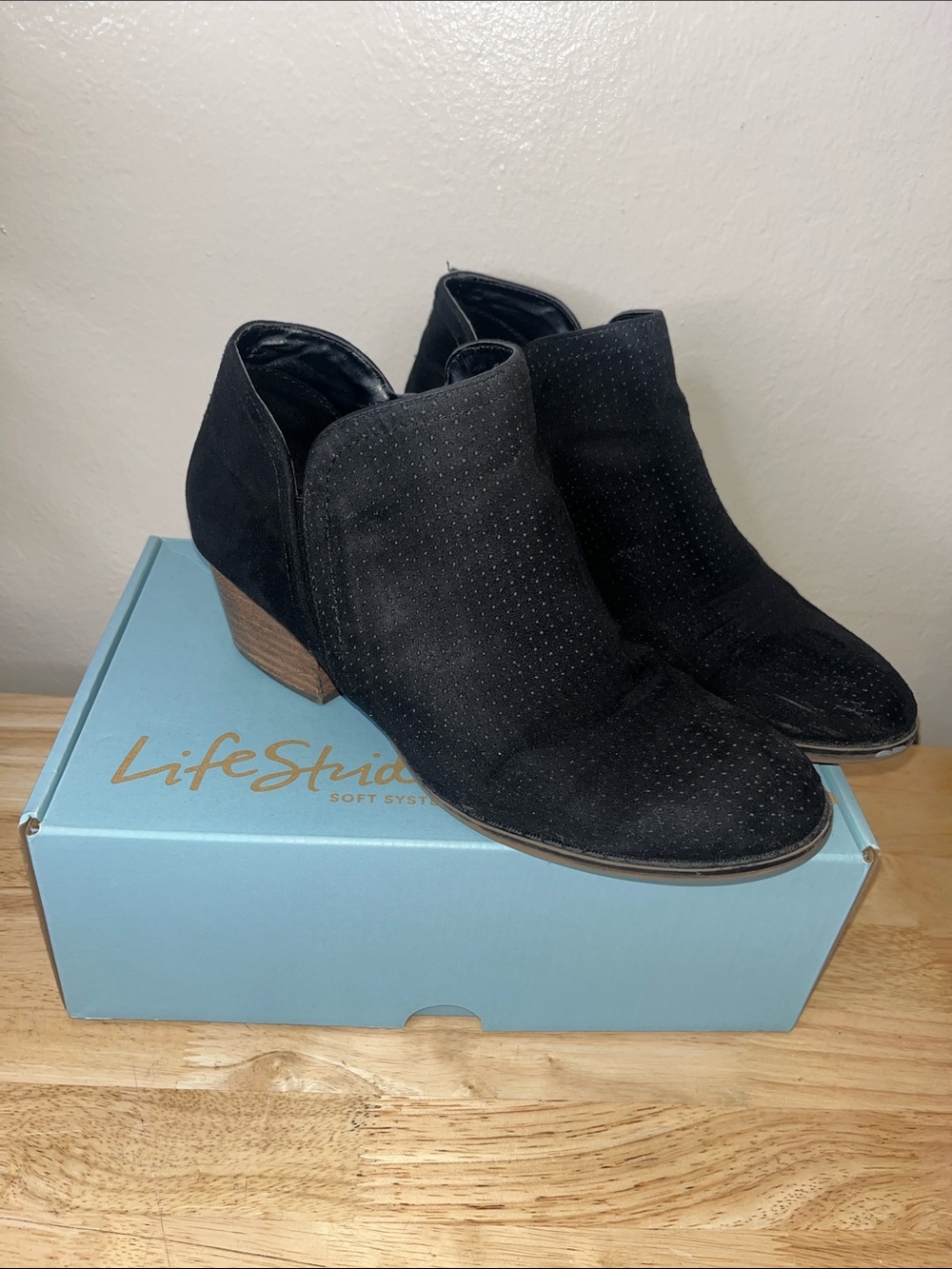 Life Stride Black Suede Perforated Ankle Booties